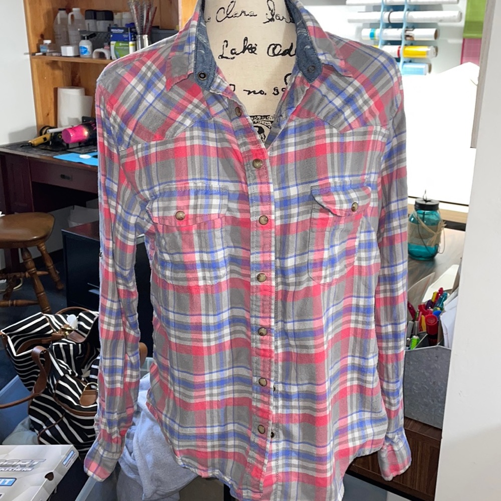 Pink and gray with light blue accent button up flannel